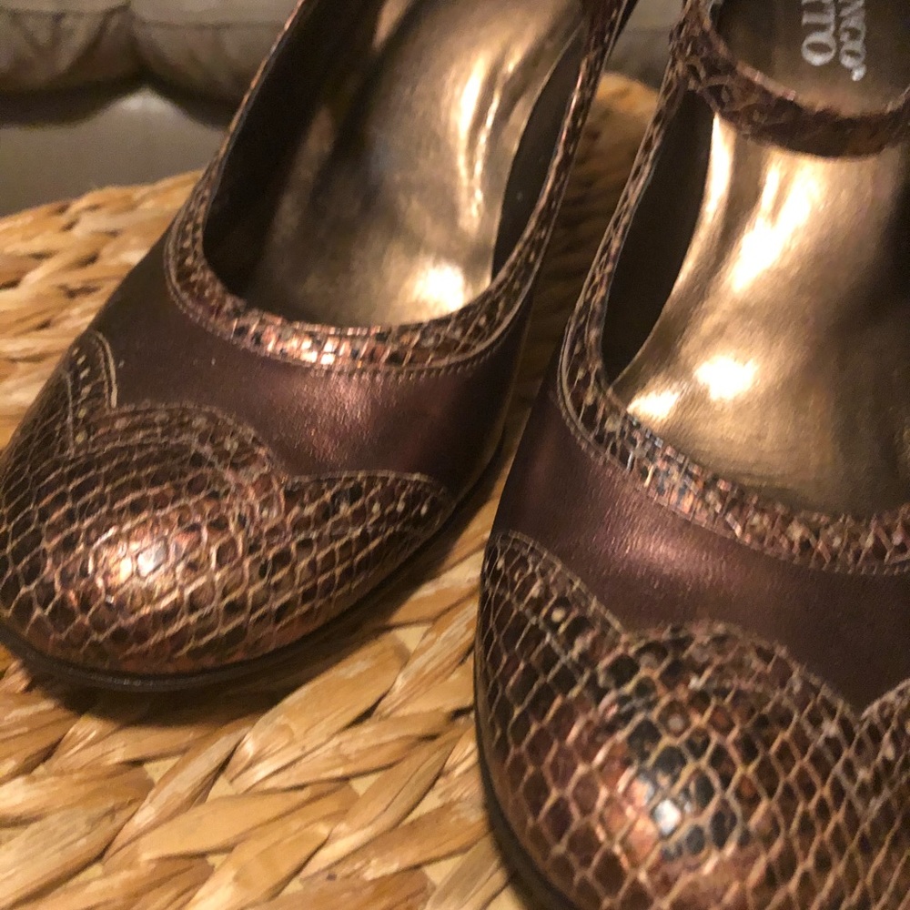 Franco Sarto Bronze Leather Snake Print Mary Janes